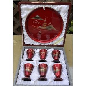 Vintage Red Lacquer Shiny Sake Complete Shot 6 Glasses Tray Boxed Set